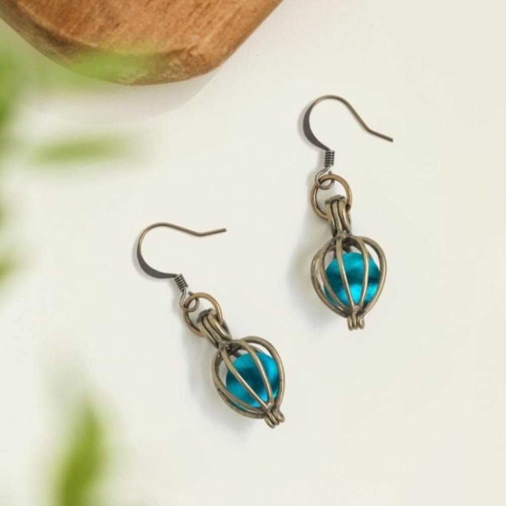 Recycled Antique Teal Glass and Brass Earrings